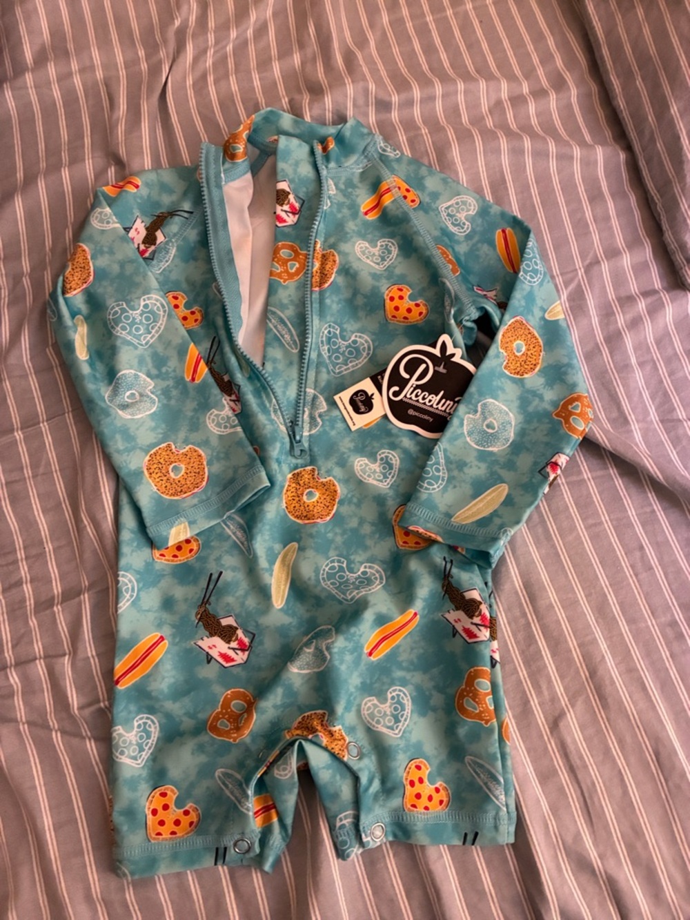 PiccoliNY Teal Snack Print Baby Romper swim suit rash guard